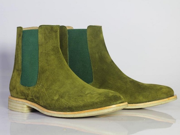 Handmade Chelsea Boot Olive Green Color Side Elastic Slip On Suede Leather Boot