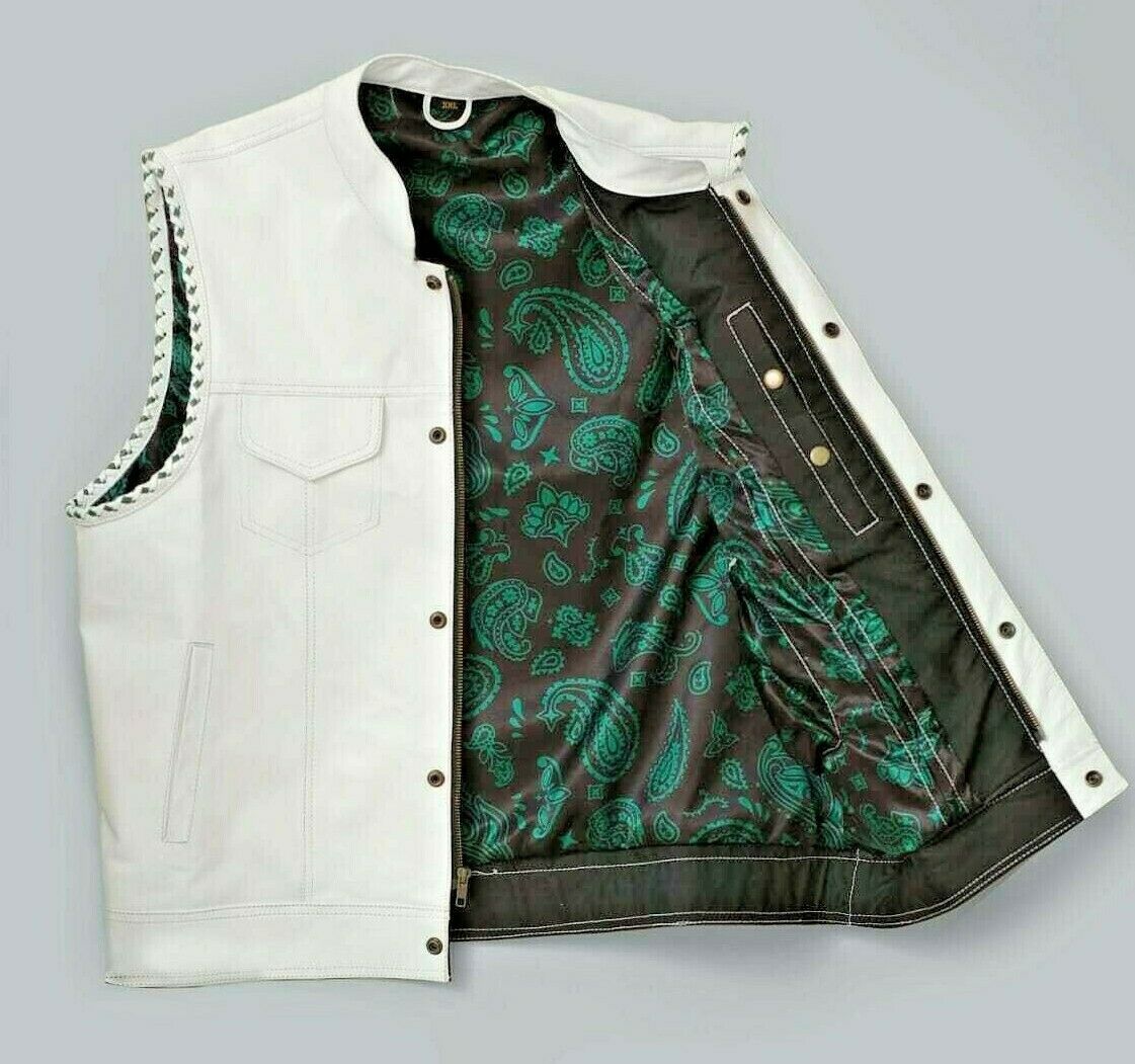 Leather Vest Club White Classic Lining Motorcycle Leather vest Mens Leather Vest Men's Clothing