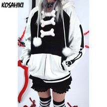 KOSAHIKI Zip-up Y2K Loose  Goth Grunge Hooded Jacket Black White Retro Sweatshir - $101.35