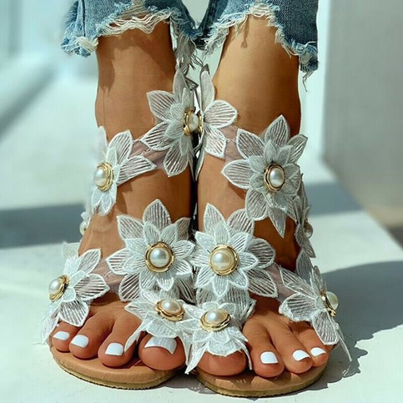 Summer Women's Flower Open Toe Slip On Sandals Ladies Beach Slipper Casual Shoes