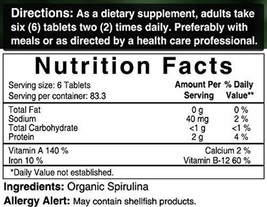 Organic Spirulina Tablets, 500mg, 500 Counts, Rich in Vitamins, Minerals, Fatty  - $69.94