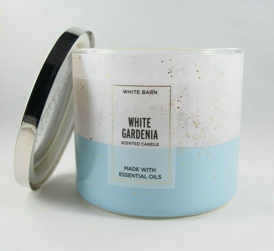 (1) Bath Body Works White Barn Gardenia Marble Blue Gold 3-wick Candle 14.5oz