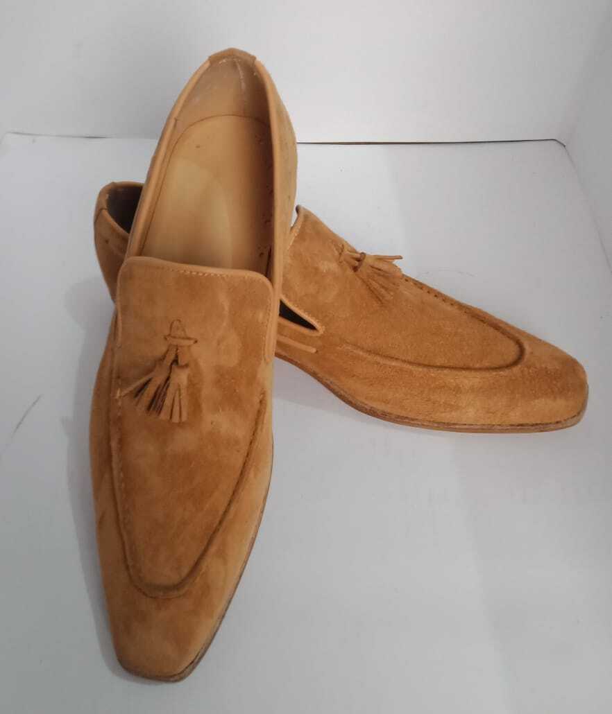 Handmade Men Slip On Suede Formal Shoe, Loafer Tussles Light Brown Business Shoe