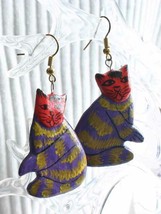 Fabulous Colorful Hand-painted Wooden Cat Pierced Earrings !980s vintage... - $12.30