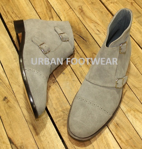 Mens New Handmade Formal Shoes Double Monk Grey Suede Leather Ankle High Boots