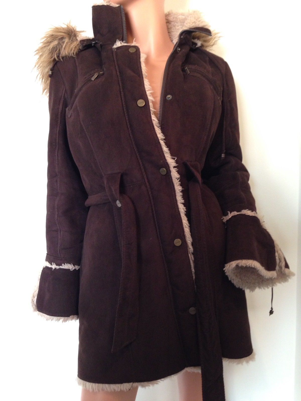 Esprit Women's Brown Winter Coat w/ Faux Suede and Fur Hooded Small Coats & Jackets