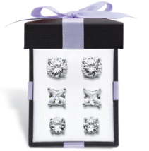 Round And Princess Cut Cz 3 Pair Stud Earrings Gift Set Sterling Silver - $94.99