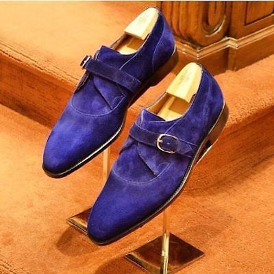 New Handmade Men Royal Blue Shoes, Men Single monk Strip suede Formal shoes 2019