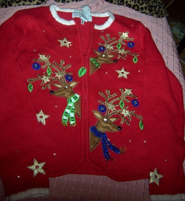 Womens Reindeer Christmas Sweater Cardigan SZ Med Carly St. Claire Red ...