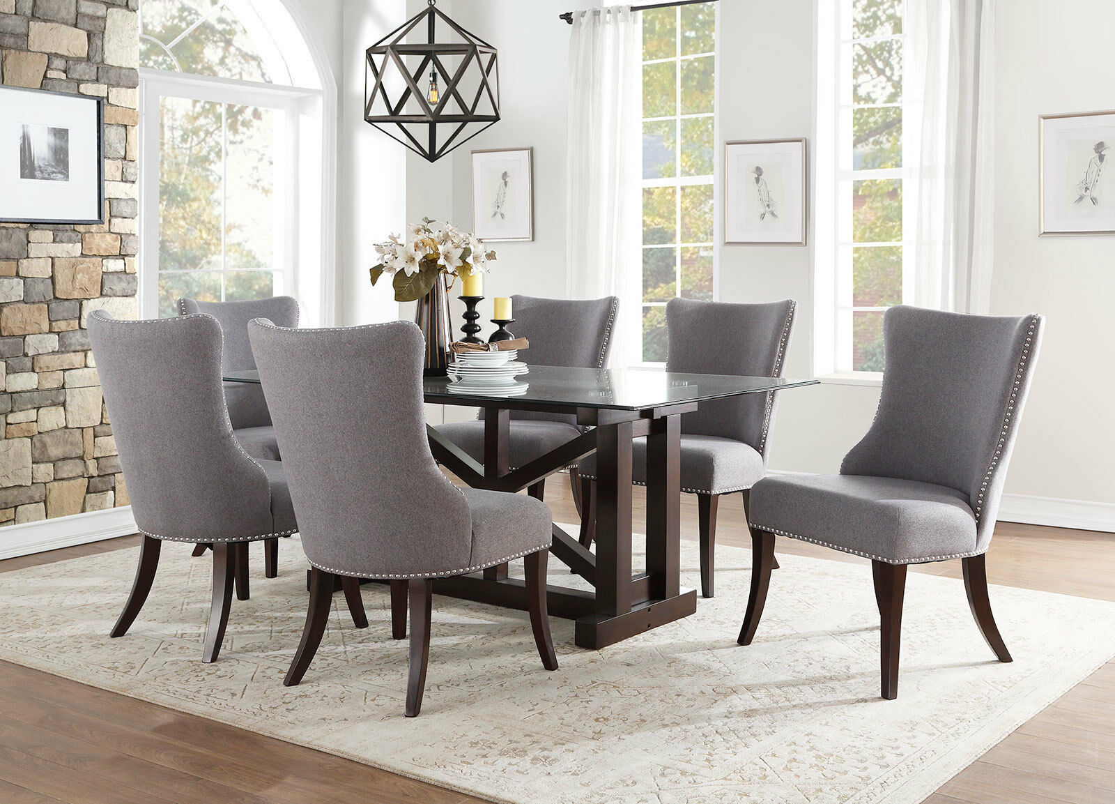 Glass Dining Room Table And Grey Chairs