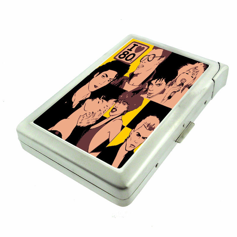 80's Theme D6 Cigarette Case with Built in Lighter Metal Wallet 80's Pop Stars