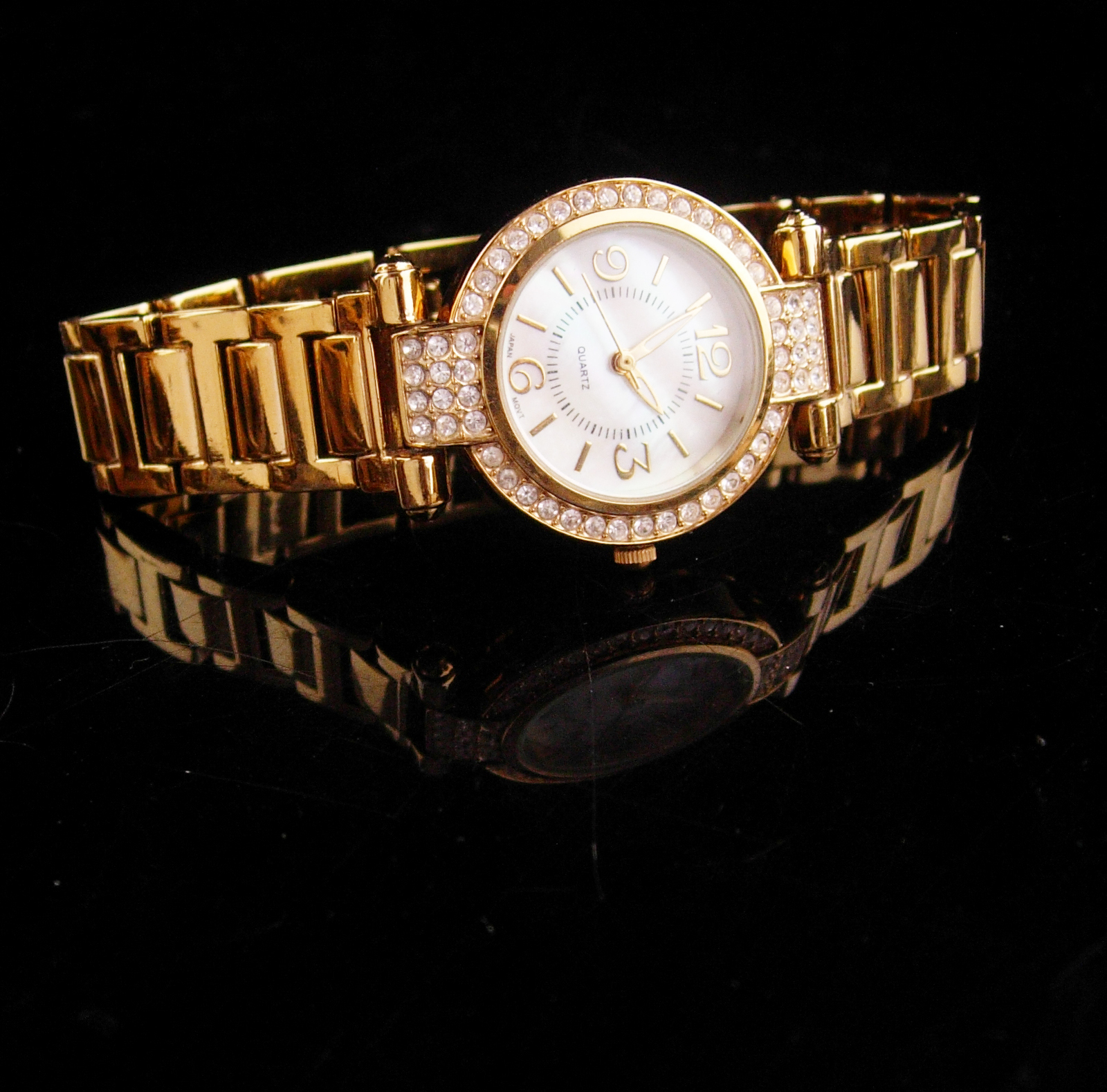 Blinged out Rhinestone watch - with extender - gold band - mens womens ...