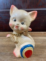Vintage Whimsical Pink Cat Kitty Bank Sitting Cat Paw Up Rainbow Cat Bank  - $19.34