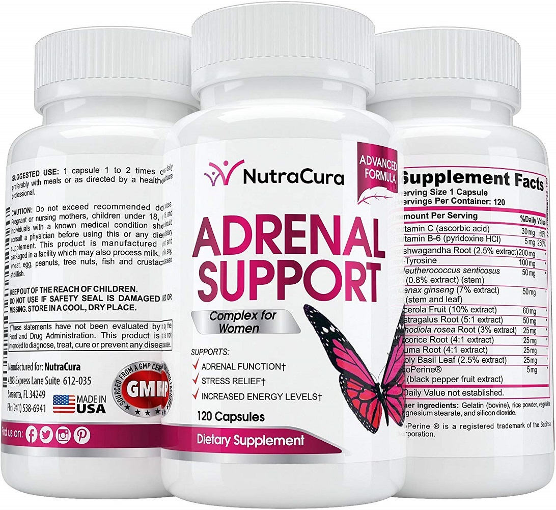 NutraCura Adrenal Support for Women - Adrenal Fatigue Supplement - 120 Capsules