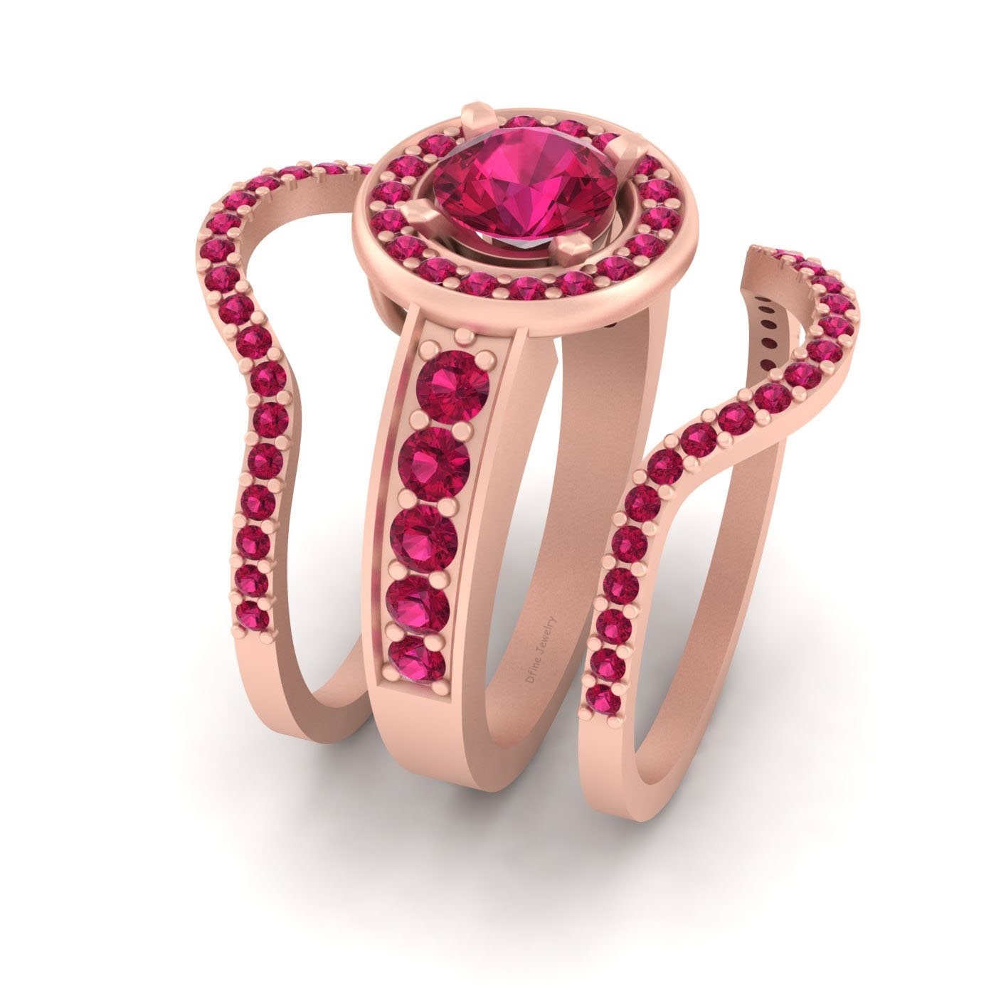 Pink Ruby Halo Bridal Wedding Ring Set Matching Engagement Ring Set Rose Gold Fn