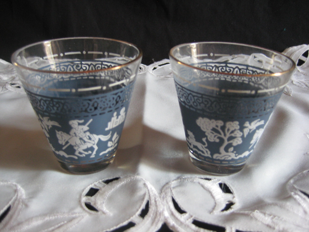 Vintage collectible drinking glasses Greek design pale blue Glass