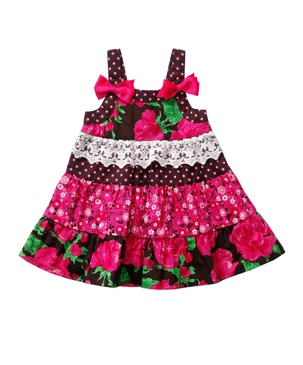 Primary image for Youngland Girls 4T-6 Brown Pink Tiered Mixed Media Floral Summer Dress Sundress