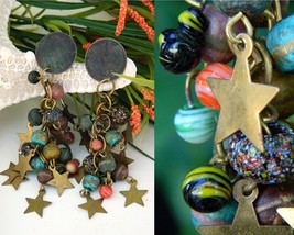 Vintage Brass Stars Earrings Dangle Glass Cluster Beads Long - $15.95