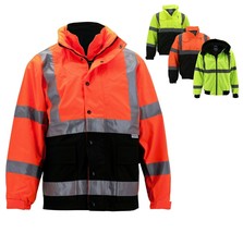 Men's Class 3 Safety High Visibility Water Resistant Reflective Neon Work Jacket