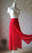 Double Slit Skirt Long RED SKIRT Lady Red High Waisted Party Skirt with Belt NWT image 8