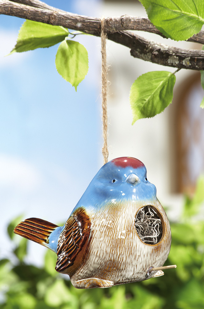 Chubby Blue Bird W/ Crackle Finish Ceramic Hanging Bird House - Birdhouses