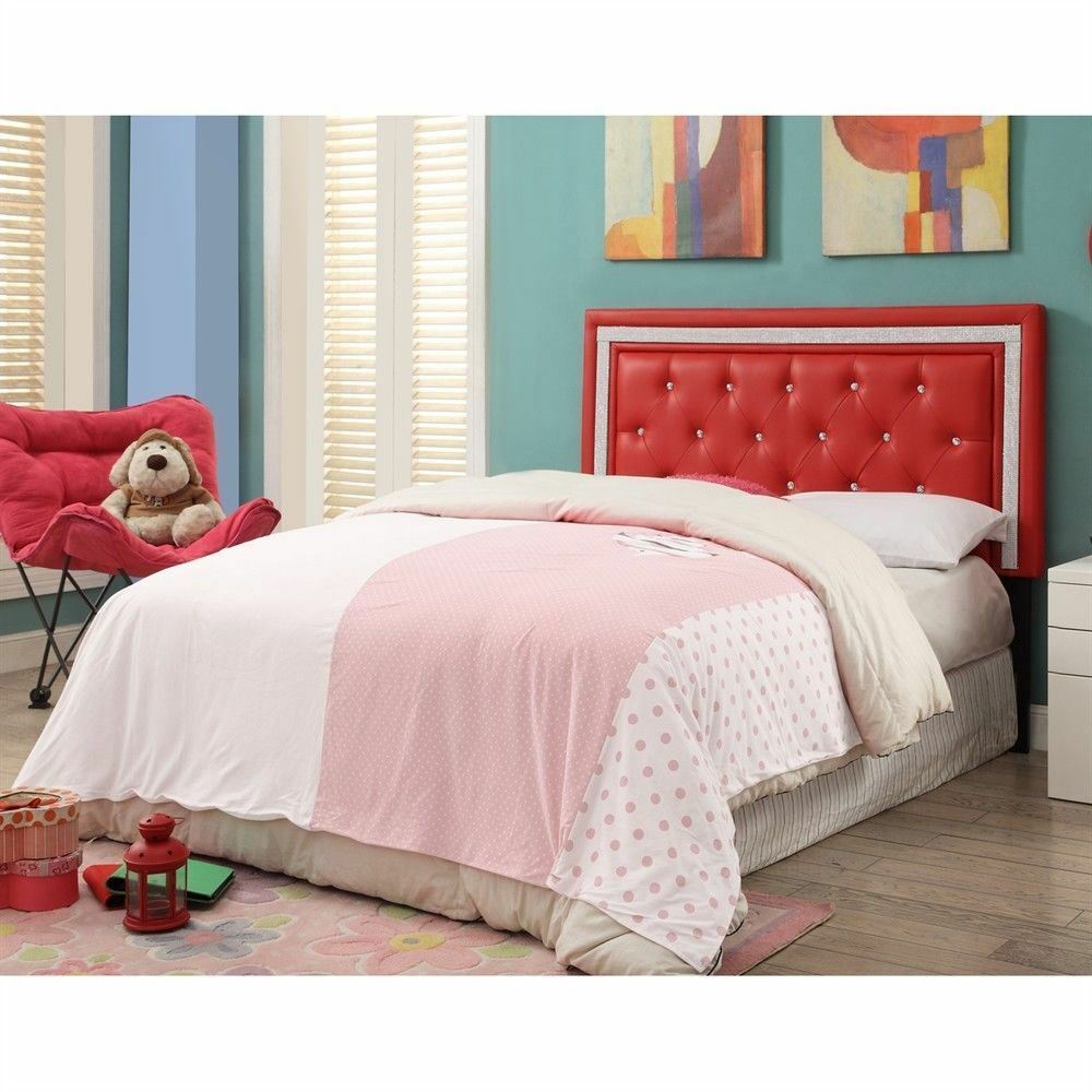 Red Twin Full Queen Size Bed Upholstered Headboard Tufted Faux Crystal ...