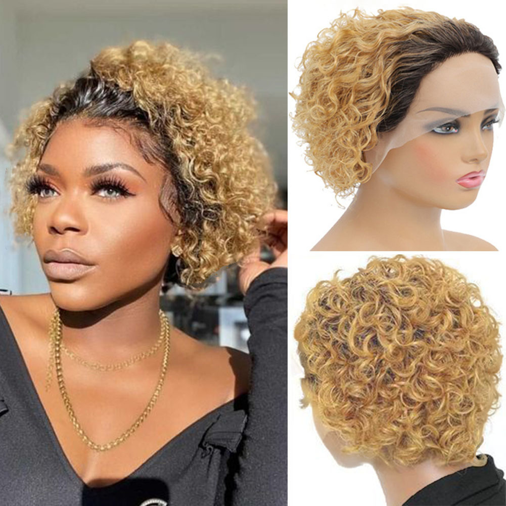 Short Curly Pixie Cut Wig for Black Women 13x1 Front Lace Wigs, #1B/27