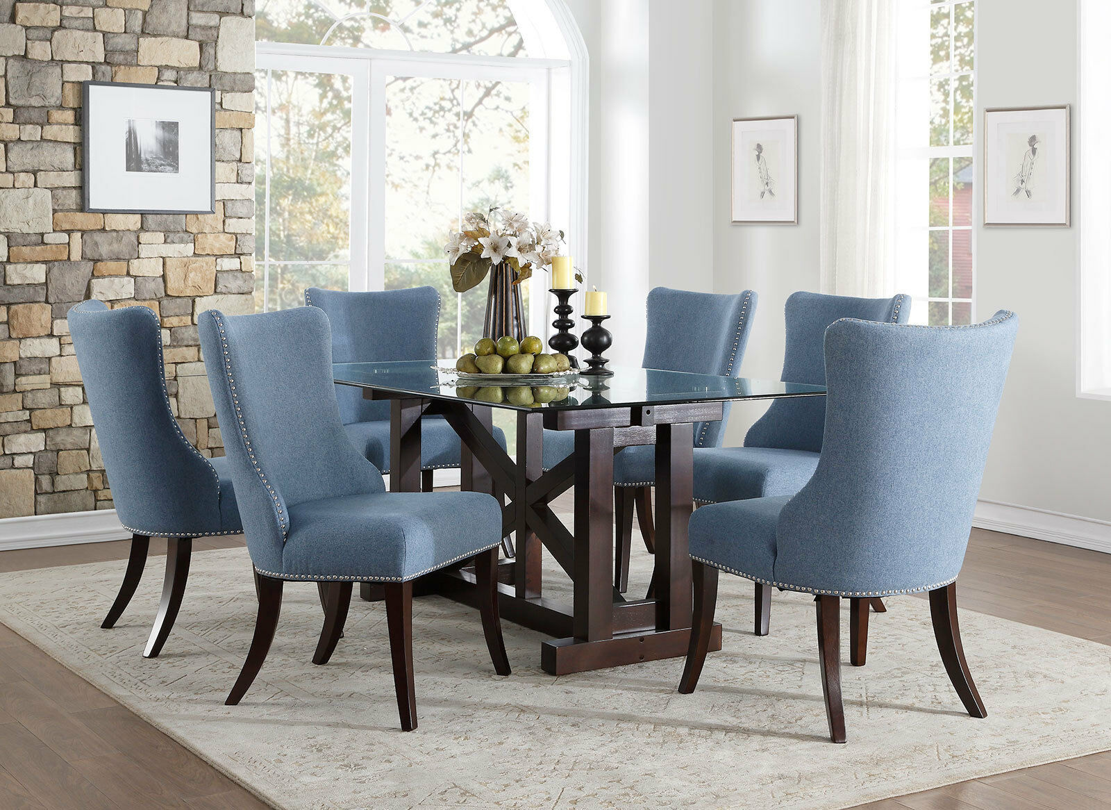 NEW Transitional Dining Room Rectangular Glass Top Table & Blue Chairs