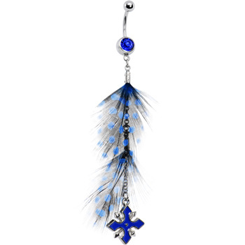Polka Dot Feathers and Blue Cross Dangle Drop Design Navel Ring - $21.95