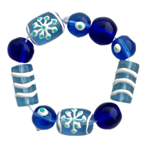 10 Christmas Lampwork Beads Hand Painted Glass Blue Cobalt White Snowflake Mix - $9.49