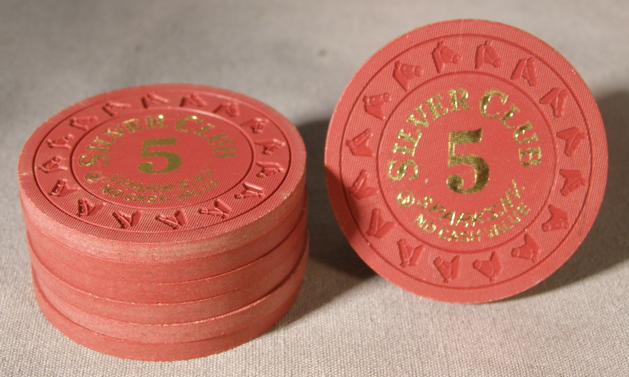 1980'S NCV $5.00 Casino Chips From:  The Silver Club- (sku#2020)