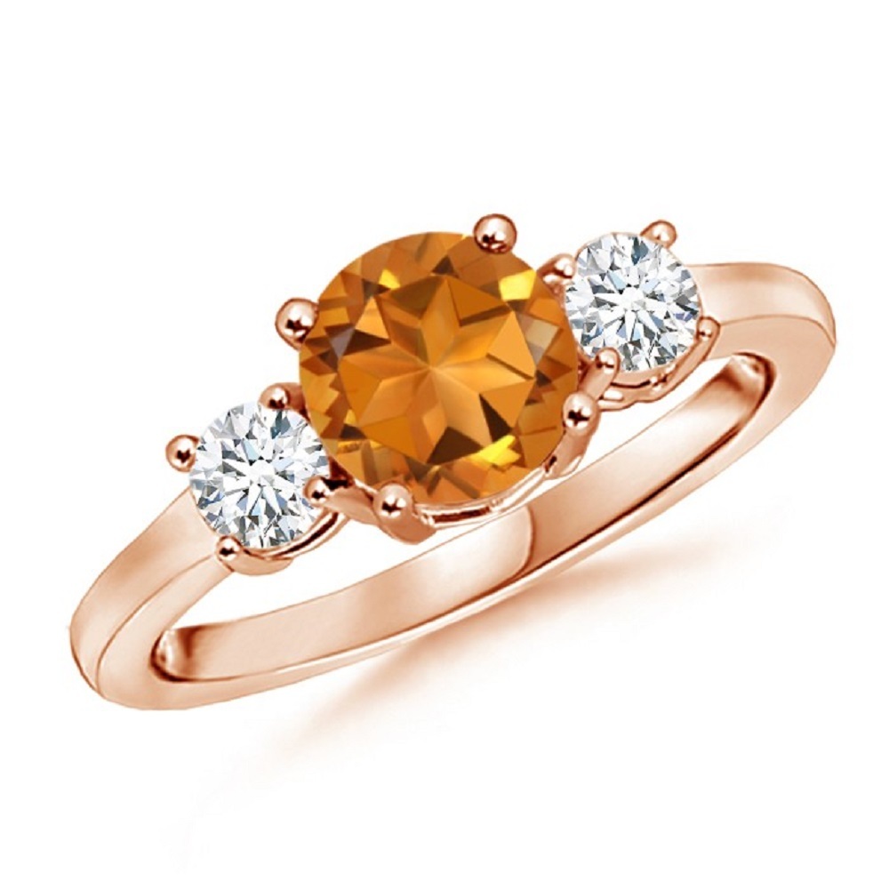 3 Stone Orange Citrine & CZ Diamond 14K Rose Gold Fn Engagement Wedding
