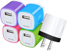 USB Wall Charger Plug, Fast Charging Block, AILKIN 5Pack Multi-colored(white) - $19.49