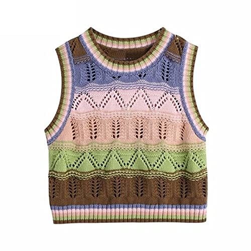 Color Matching Hollow Out Crochet Short Knitting Sweater Female Chic Sleeveless