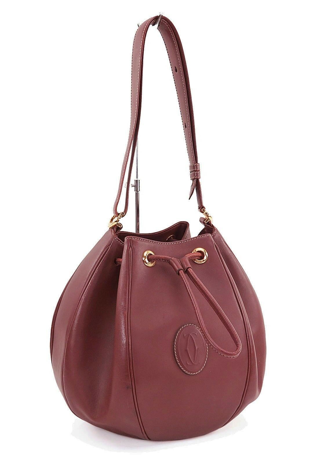 Authentic Les Must De CARTIER Burgundy Leather Shoulder Bag Purse