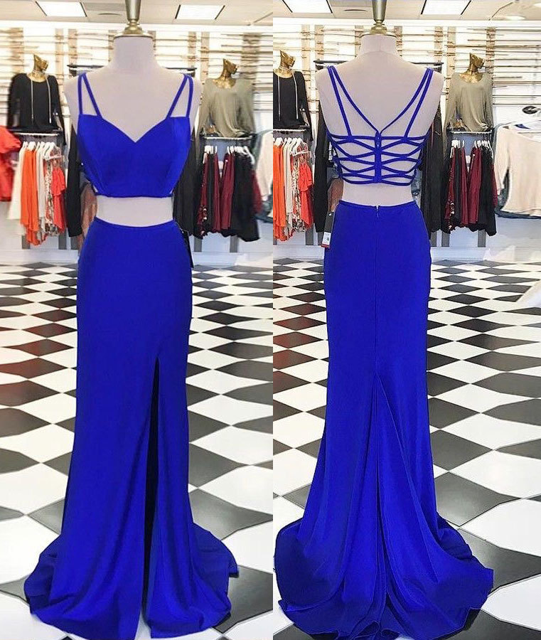 Elegant Criss Cross Royal Blue Two Piece Prom Dresses with Split Side