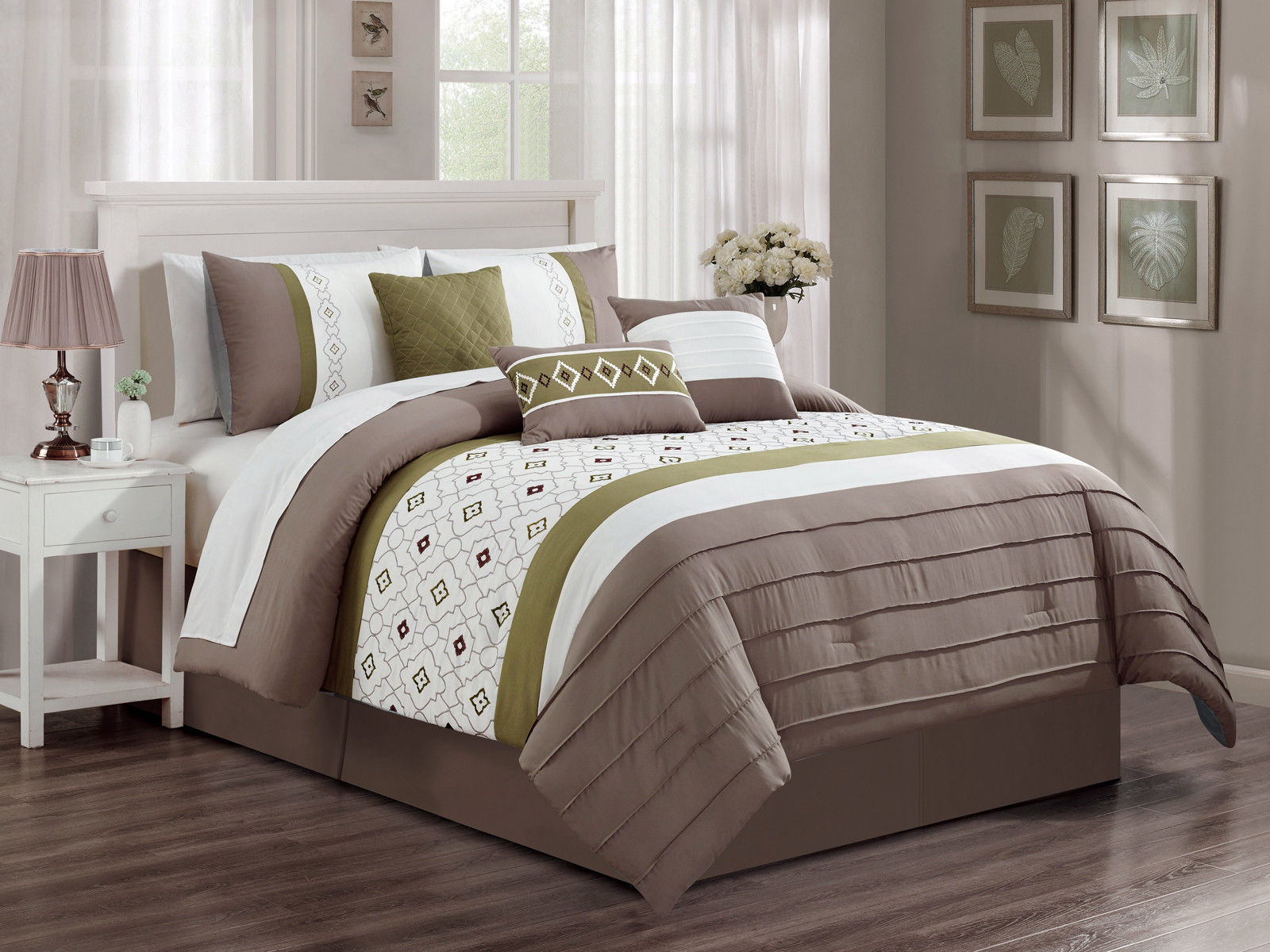 7 Faiza Moroccan Trellis Floral Pleated Comforter Set Taupe Sage OffWhite Queen Comforters & Sets