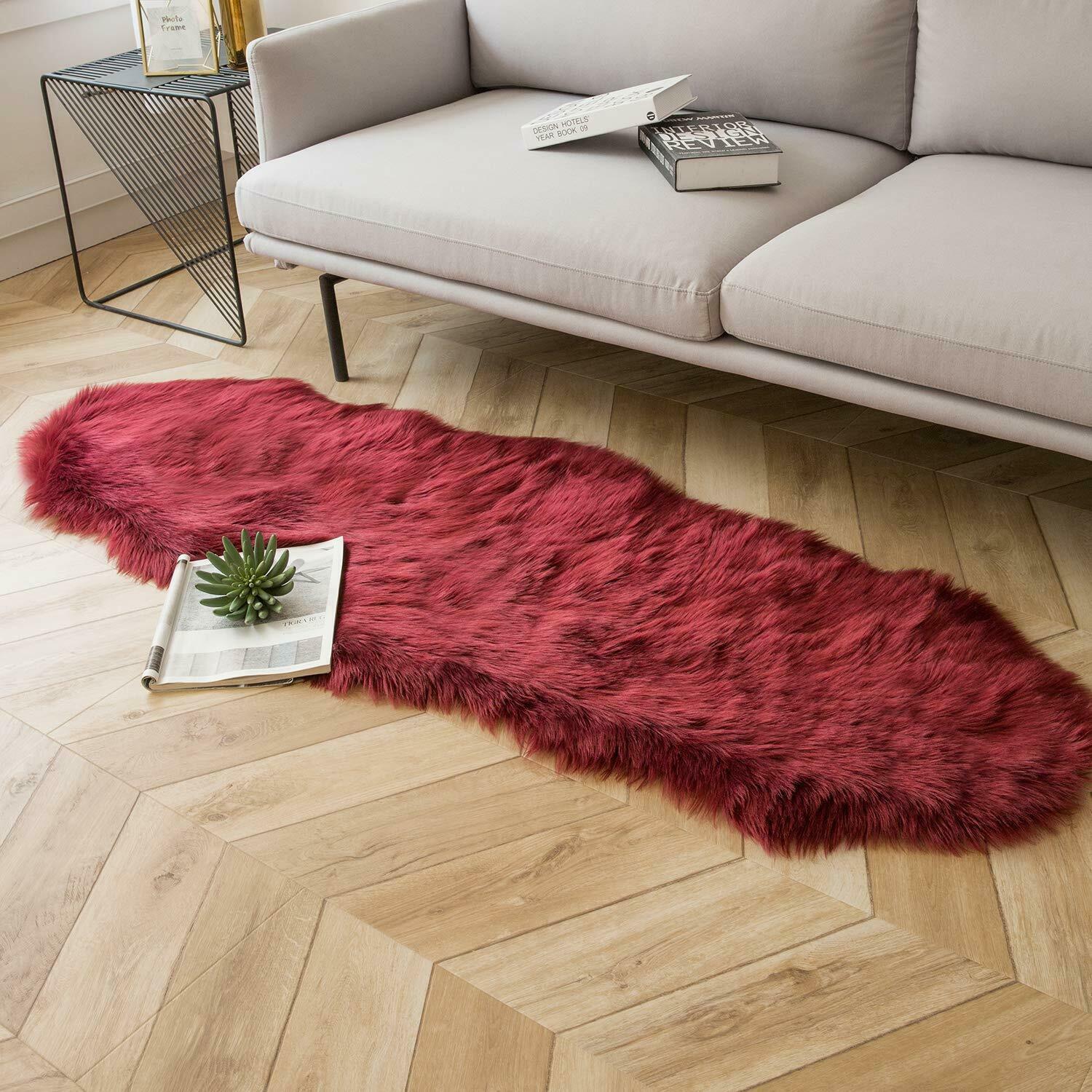 Nice! Fluffy Rug Faux Fur Luxury Shag Sheepskin 2 x 6 feet Red Rug Carpet Decor Area Rugs