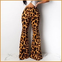 Retro 60s Flare Bell Bottom High Waist Large Leopard Print Stretch Pants  image 1
