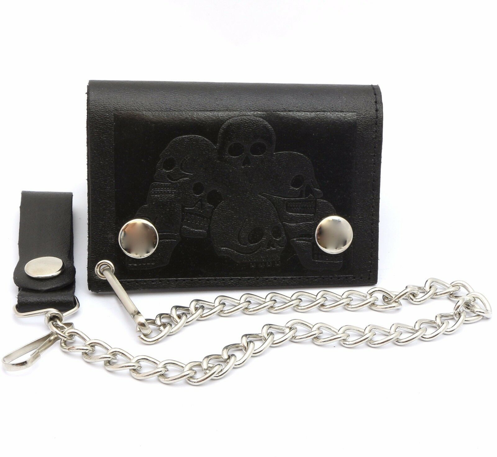 Trifold Black Leather Biker Chain Wallet Embossed Pile of Skulls - Wallets