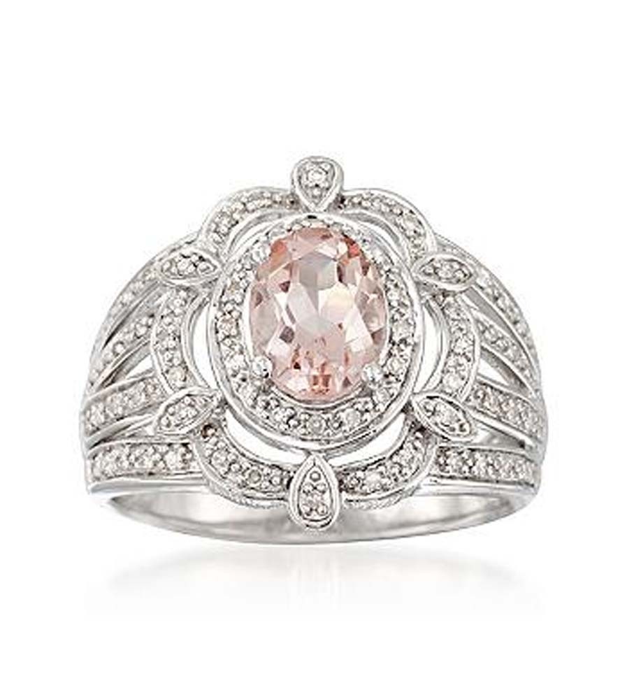 Lovely 14K White Gold Over Silver Oval Morganite & Diamond Engagement Halo Ring