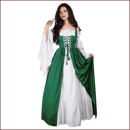 Medieval Damsel Green Lace Up Kittle Skirt Long Flare Sleeves Off Shoulder Gown