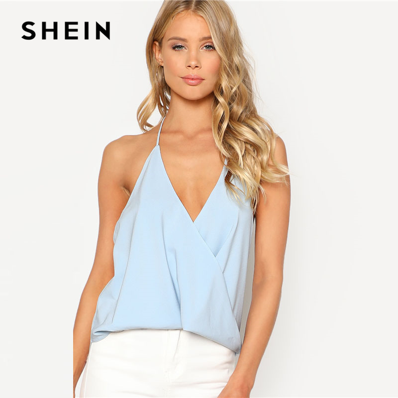 Sexy Blue Strappy Back Halter  Top Women V Neck  Backless  