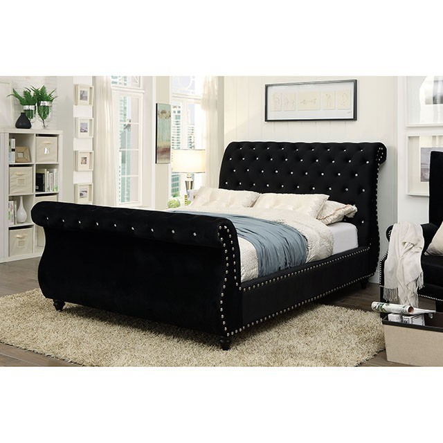 Woodseer Sleigh Button Tufted Queen Bed Black Velvet Fabric Furniture