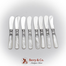 Art Nouveau Butter Knives Set Sterling Shanks Plated Blades Mother Of Pearl - $151.33
