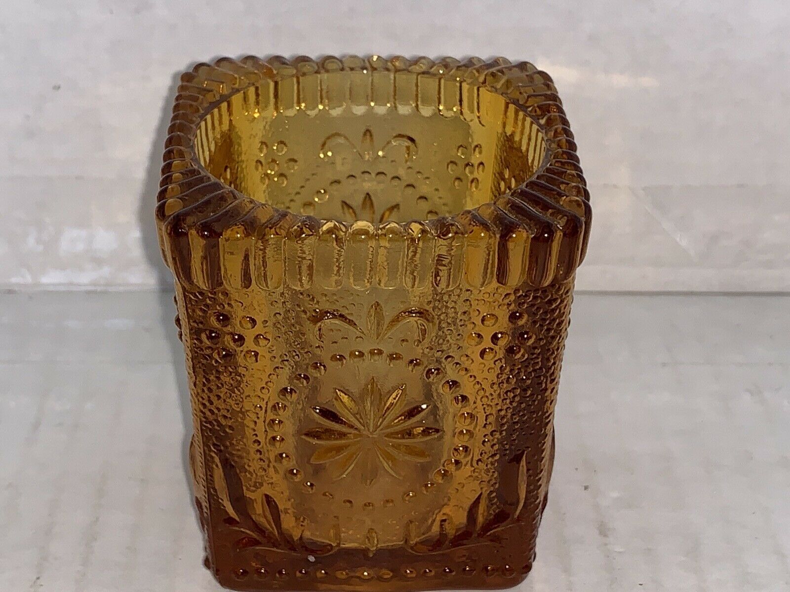 VINTAGE BROCKWAY SQUARE AMBER CONCORD PRESSED GLASS VOTIVE CANDLE