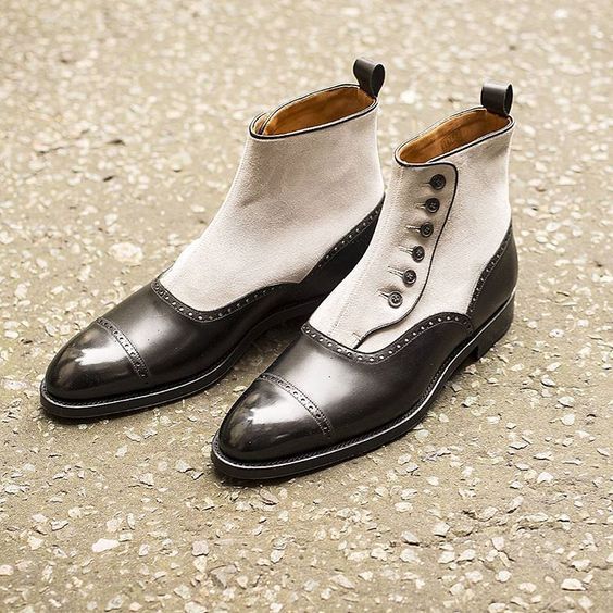 Button White Black High Ankle Customized Stylish Handmade Rounded Cap Toe Boots