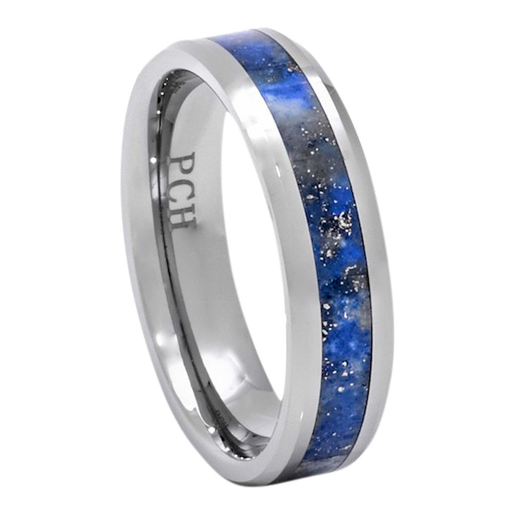 Tungsten Ring Lapis Inlay 6mm Beveled Edge Wedding Band Comfort Fit Men