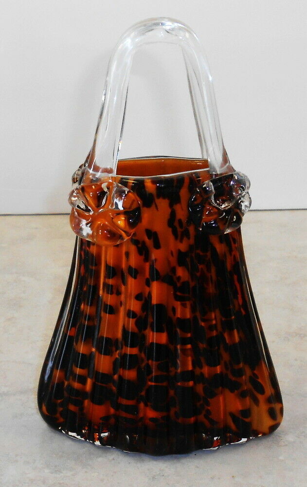 HAND BLOWN ART GLASS PURSE VASE GROUNDED BOTTOM AMBER 9" TALL 5 1/2