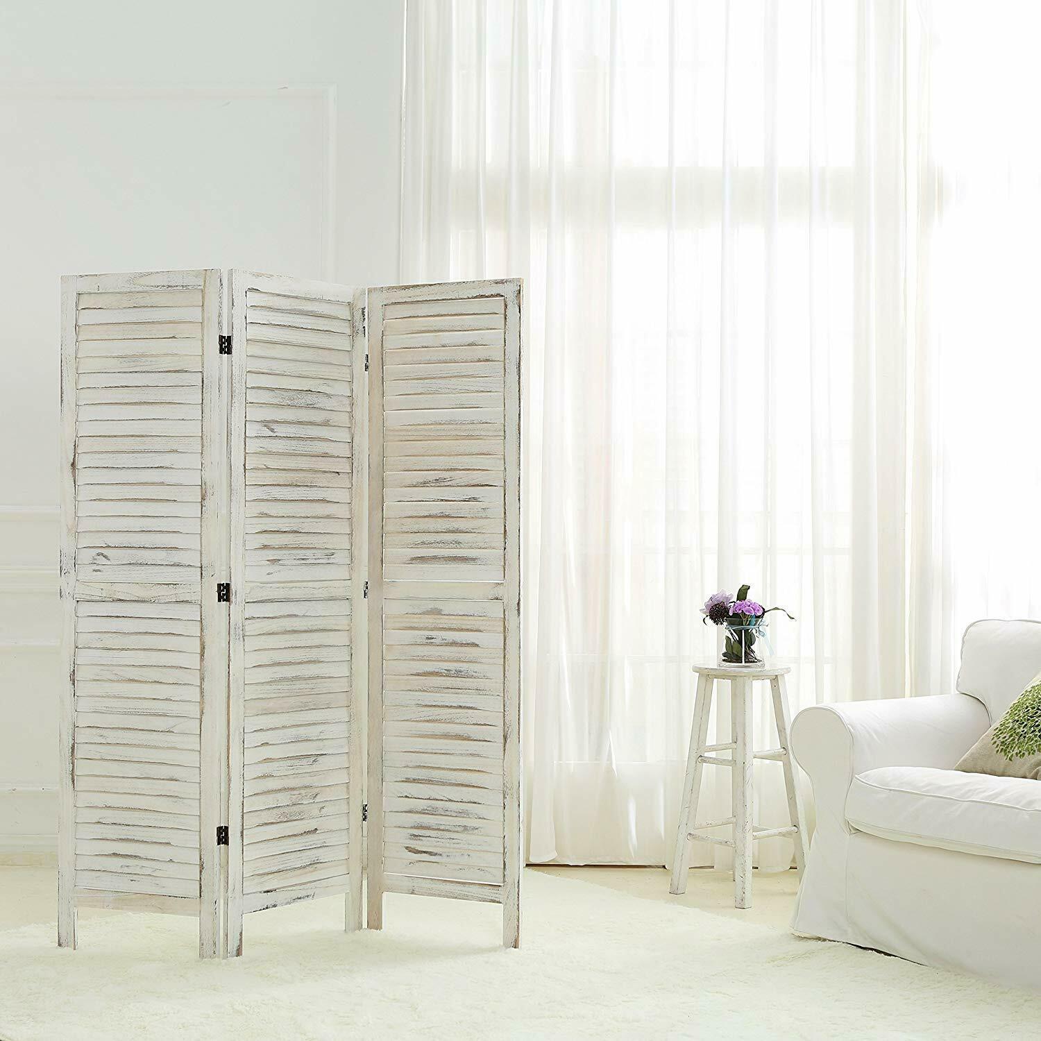 Shabby Chic Room Divider Distressed Wood Folding Louvered Three Panel